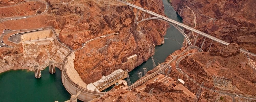 aerial view of hoover dam and bypass bridge